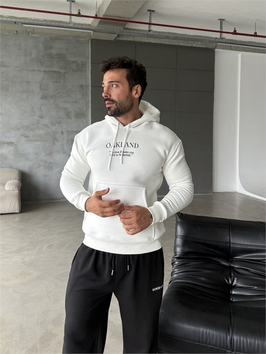Beyaz Kangru Kapşonlu Oakland 3 İplik Hoodie Model 5