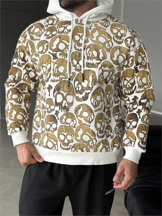 Beyaz Kangru Kapşonlu Skull 3 İplik Hoodie Model 18