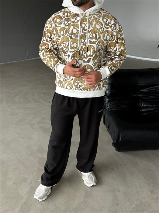 Beyaz Kangru Kapşonlu Skull 3 İplik Hoodie Model 18