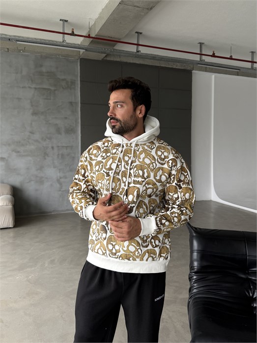 Beyaz Kangru Kapşonlu Skull 3 İplik Hoodie Model 18
