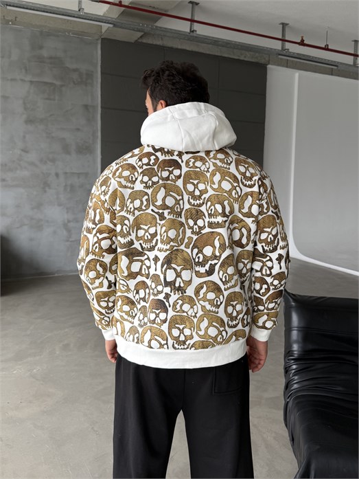 Beyaz Kangru Kapşonlu Skull 3 İplik Hoodie Model 18