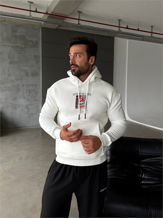 Beyaz Kangru Kapşonlu To Life 3 İplik Hoodie Model 11