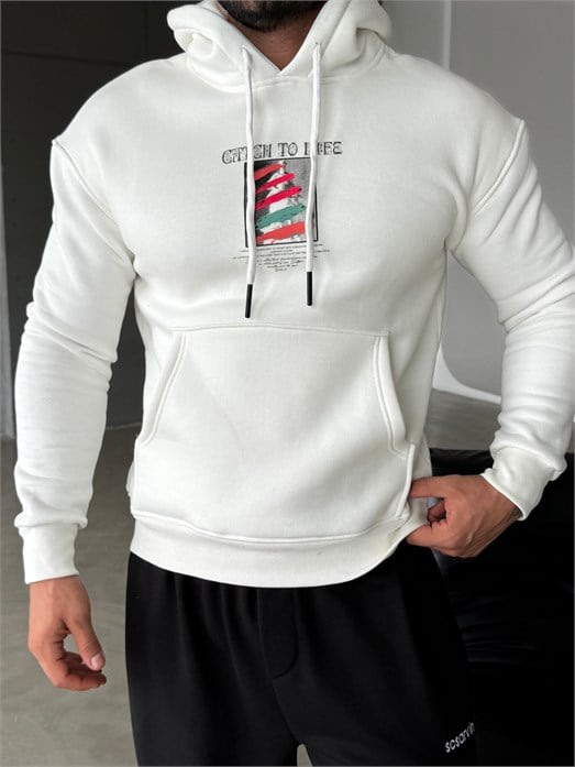 Beyaz Kangru Kapşonlu To Life 3 İplik Hoodie Model 11
