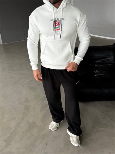 Beyaz Kangru Kapşonlu To Life 3 İplik Hoodie Model 11