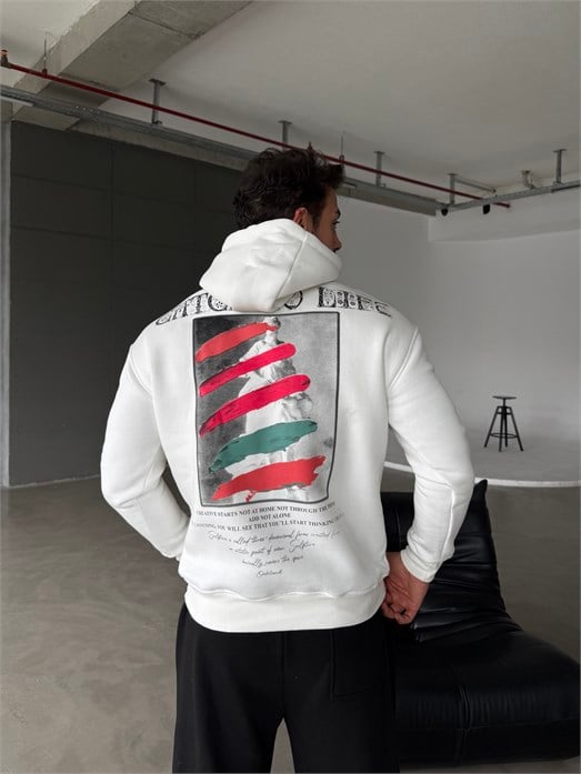 Beyaz Kangru Kapşonlu To Life 3 İplik Hoodie Model 11