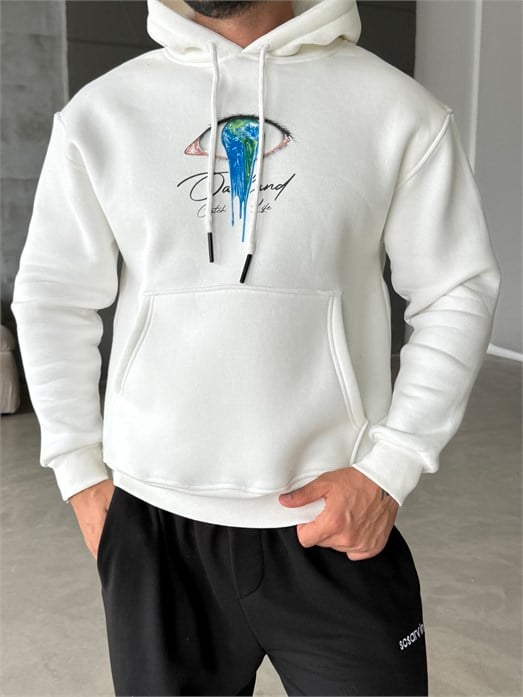 Beyaz Kanguru Eye 3 İplik Hoodie Model 20