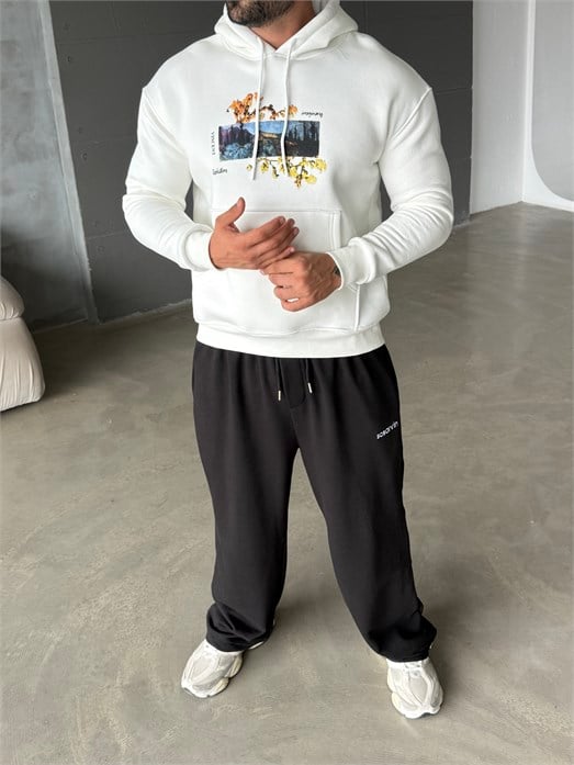 Beyaz Vincent Baskılı 3 İplik Hoodie Model 2