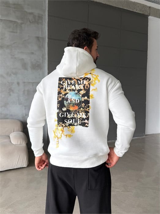 Beyaz Vincent Baskılı 3 İplik Hoodie Model 2