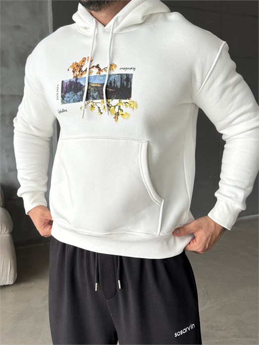 Beyaz Vincent Baskılı 3 İplik Hoodie Model 2