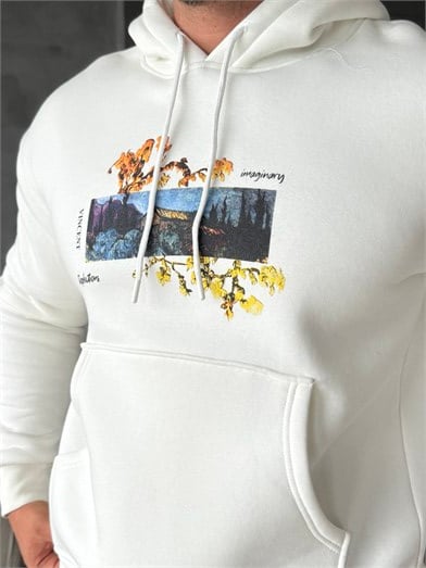 Beyaz Vincent Baskılı 3 İplik Hoodie Model 2