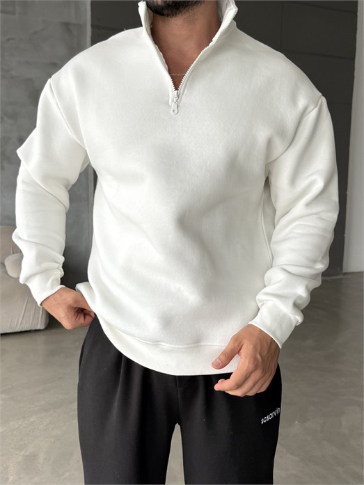 Beyaz Yarım Fermuarlı 3 İplik Sweatshirt Model 3