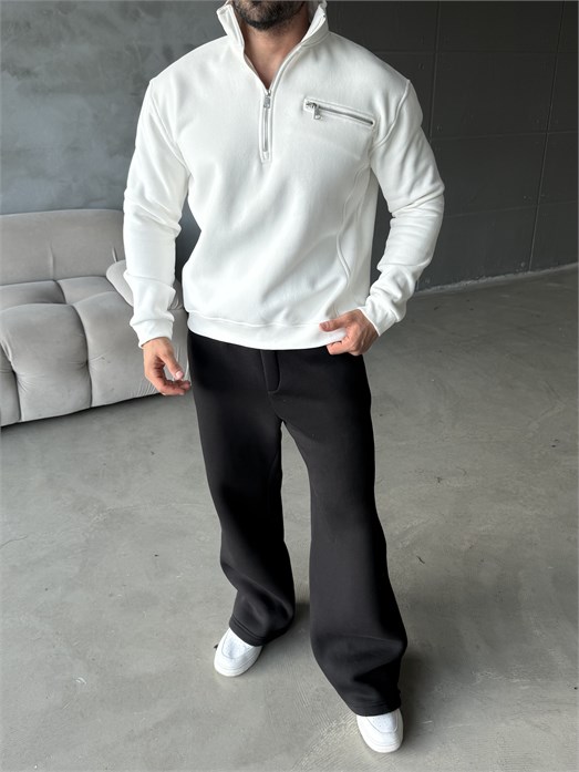 Beyaz Yüksek Yaka Göğüs Fermuarlı Boxy Sweatshirt SNZ 5109