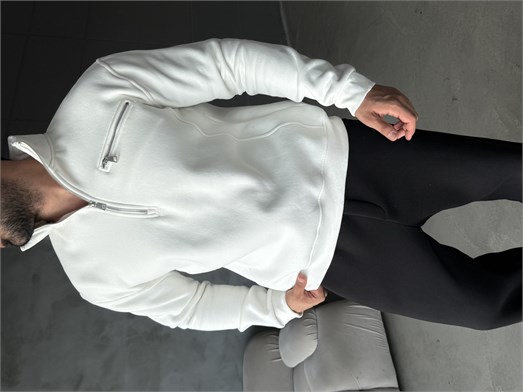 Beyaz Yüksek Yaka Göğüs Fermuarlı Boxy Sweatshirt SNZ 5109