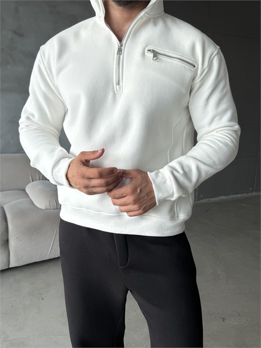 Beyaz Yüksek Yaka Göğüs Fermuarlı Boxy Sweatshirt SNZ 5109