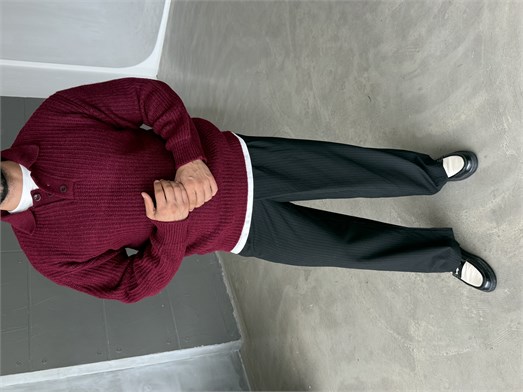 Bordo Polo Yaka Şardonlu Düğmeli Boxy Kazak SNZ 1011