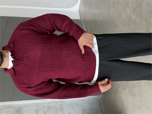 Bordo Polo Yaka Şardonlu Düğmeli Boxy Kazak SNZ 1011