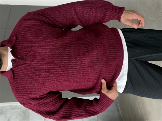 Bordo Polo Yaka Şardonlu Düğmeli Boxy Kazak SNZ 1011