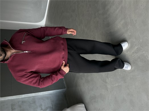 Bordo Yüksek Yaka Göğüs Fermuarlı Boxy Sweatshirt SNZ 5109