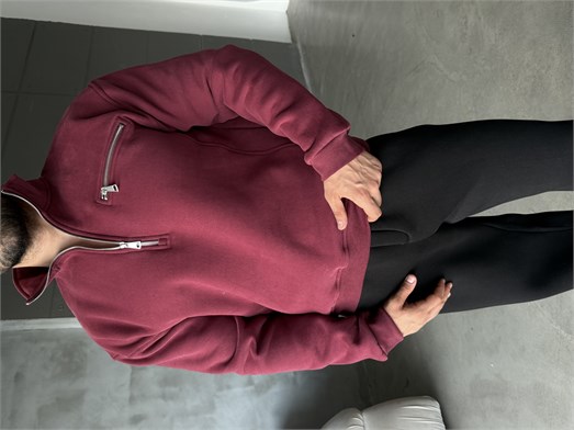 Bordo Yüksek Yaka Göğüs Fermuarlı Boxy Sweatshirt SNZ 5109