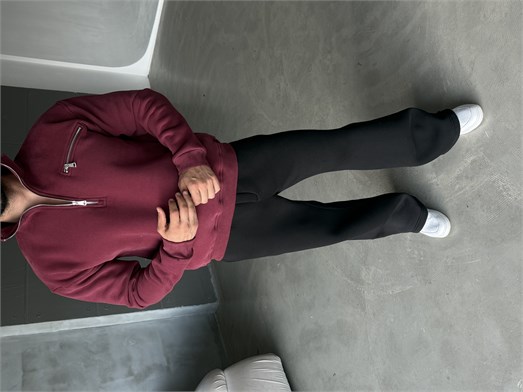 Bordo Yüksek Yaka Göğüs Fermuarlı Boxy Sweatshirt SNZ 5109
