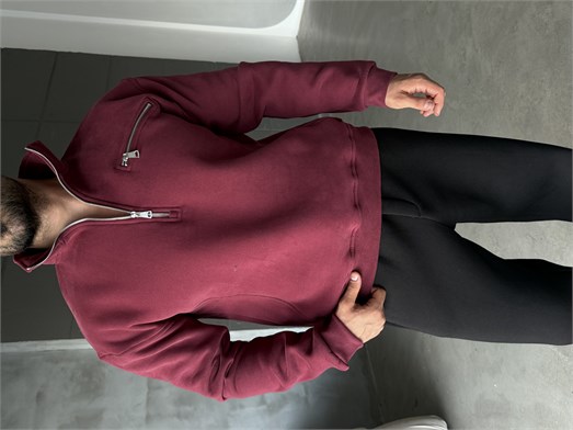 Bordo Yüksek Yaka Göğüs Fermuarlı Boxy Sweatshirt SNZ 5109
