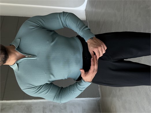 Çağla Fermuarlı Polo Yaka Triko Kendiliğinden Düz Çizgili KNG