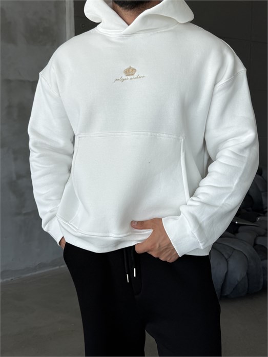 Ekru Kapşonlu Santranç Aplikeli Sweatshirt PLZ 27007