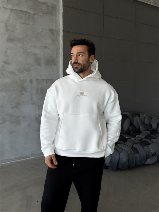 Ekru Kapşonlu Santranç Aplikeli Sweatshirt PLZ 27007