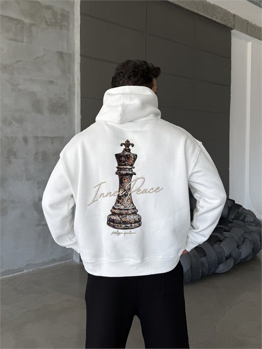 Ekru Kapşonlu Santranç Aplikeli Sweatshirt PLZ 27007
