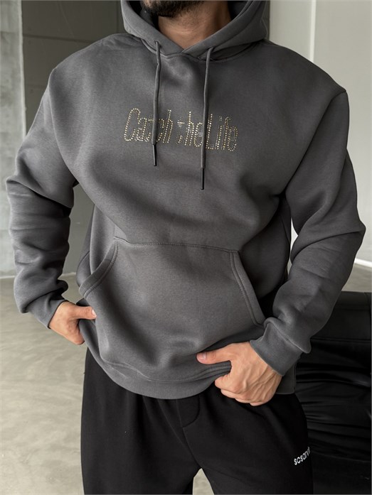 Gri Kangru Kapşonlu Cacht The 3 İplik Hoodie Model 17