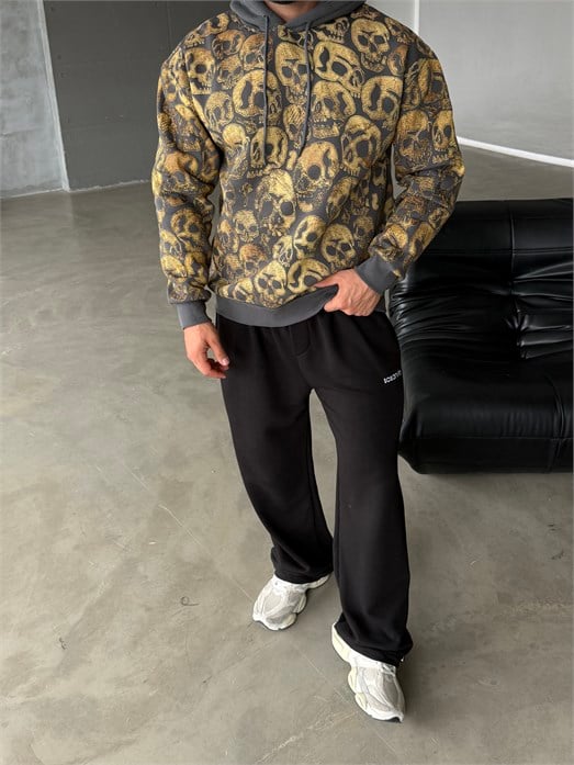 Gri Kangru Kapşonlu Skull 3 İplik Hoodie Model 18