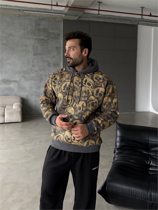 Gri Kangru Kapşonlu Skull 3 İplik Hoodie Model 18