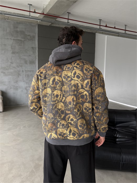 Gri Kangru Kapşonlu Skull 3 İplik Hoodie Model 18