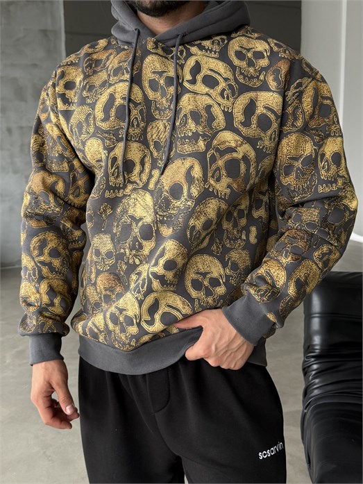 Gri Kangru Kapşonlu Skull 3 İplik Hoodie Model 18