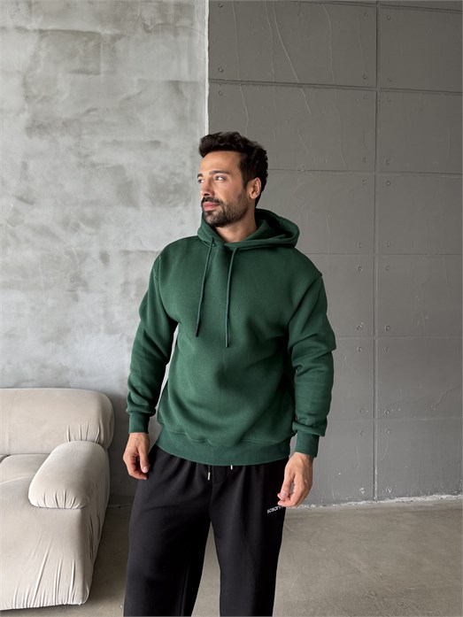 Haki Kangru Kapşonlu 3 İplik Hoodie Model 4