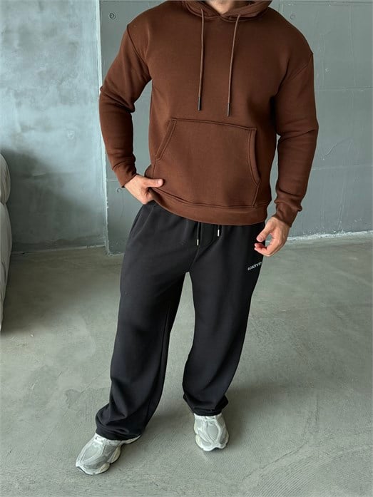 Kahve Kangru Kapşonlu 3 İplik Hoodie Model 4