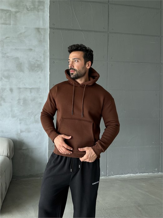 Kahve Kangru Kapşonlu 3 İplik Hoodie Model 4