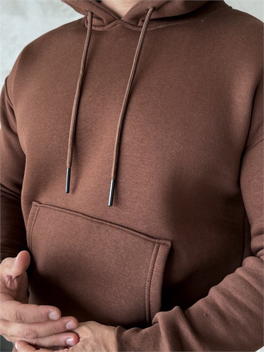 Kahve Kangru Kapşonlu 3 İplik Hoodie Model 4