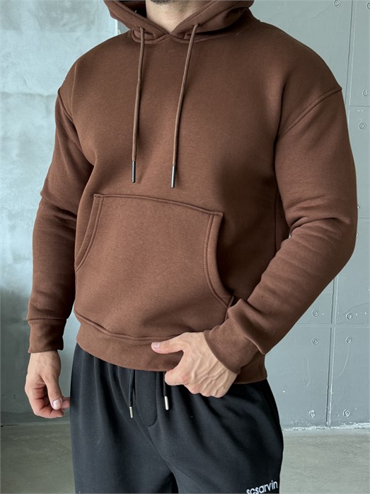Kahve Kangru Kapşonlu 3 İplik Hoodie Model 4
