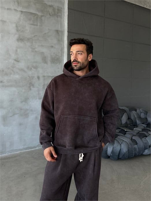 Kahve Kangru Yıkamalı Compak Hoodie Boxy Kalıp PLZ 27504
