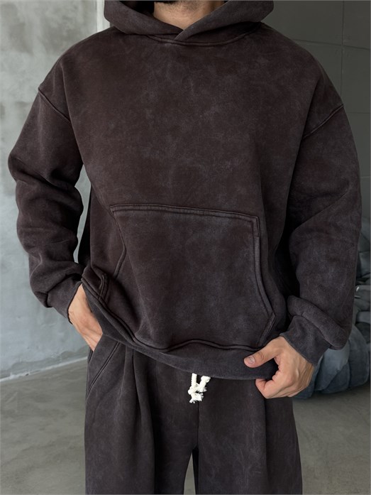 Kahve Kangru Yıkamalı Compak Hoodie Boxy Kalıp PLZ 27504