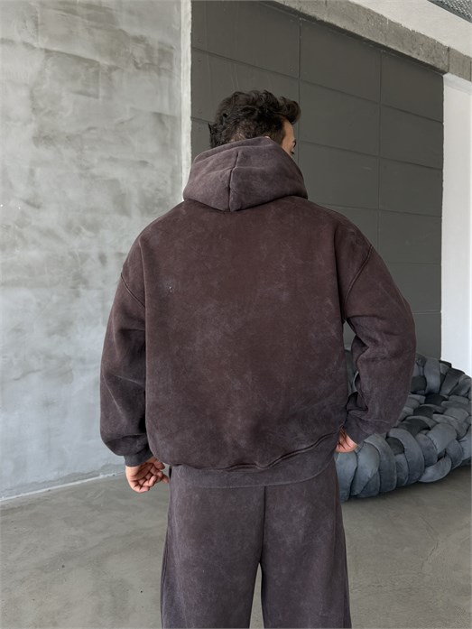 Kahve Kangru Yıkamalı Compak Hoodie Boxy Kalıp PLZ 27504