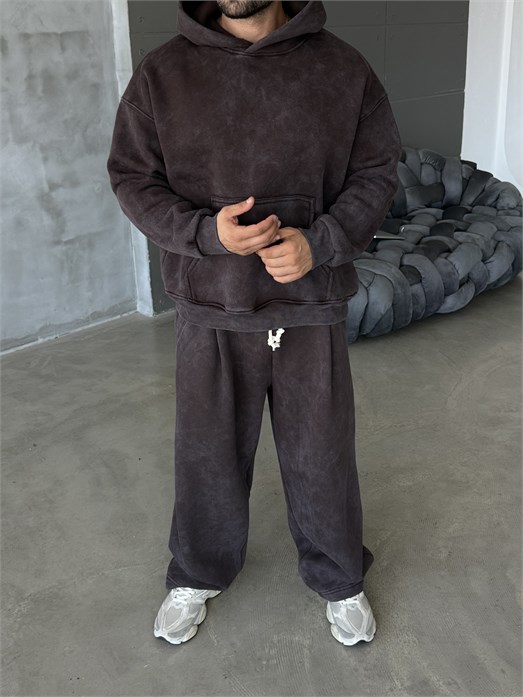 Kahve Kangru Yıkamalı Compak Hoodie Boxy Kalıp PLZ 27504