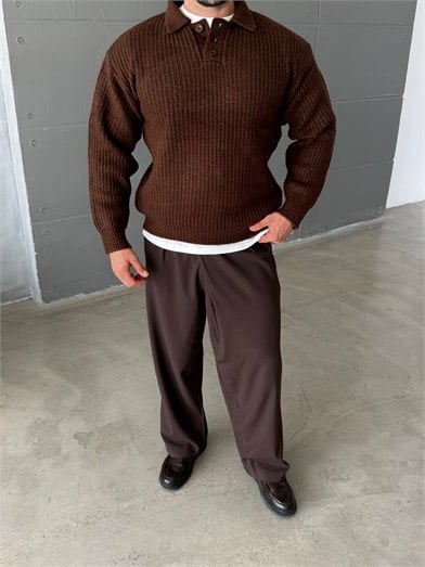 Kahve Polo Yaka Şardonlu Düğmeli Boxy Kazak SNZ 1011