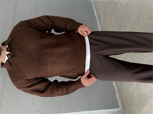 Kahve Polo Yaka Şardonlu Düğmeli Boxy Kazak SNZ 1011