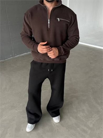 Kahve Yüksek Yaka Göğüs Fermuarlı Boxy Sweatshirt SNZ 5109