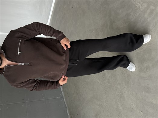 Kahve Yüksek Yaka Göğüs Fermuarlı Boxy Sweatshirt SNZ 5109