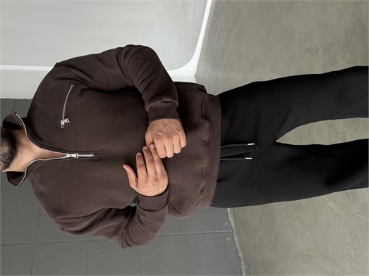 Kahve Yüksek Yaka Göğüs Fermuarlı Boxy Sweatshirt SNZ 5109