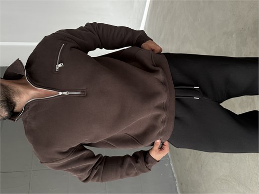 Kahve Yüksek Yaka Göğüs Fermuarlı Boxy Sweatshirt SNZ 5109