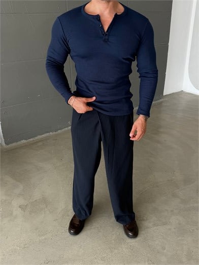 Lacivert Henley Yaka Uzun Kol SC
